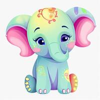 Colorful Elephant sitting set design for kids coloring pages. Colorful baby elephant cartoon with color splashes. Cute elephant baby cartoon illustration on a white background. . photo