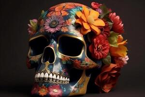 Dia de Los Muertos, Day of the dead, with sugar skull, colorful portrait of a skull and flowers, photo