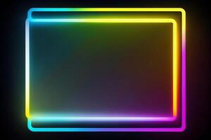Colorful neon rectangle frame isolated on black background. Concept of glowing geometric shape at night time. . photo