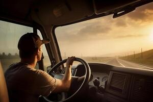 Trucker driving truck. Truck driver job. Photorealistic illustration. photo