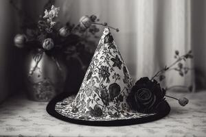 The Witch's Hat in vintage style. Halloween illustration. Monochrome drawing, magical decor. photo