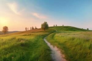 A picturesque winding path through a field with green grass. illustration. photo