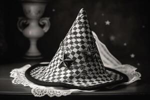 The Witch's Hat in vintage style. Halloween illustration. Monochrome drawing, magical decor. photo