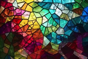 Multicolored stained glass with an irregular pattern, photorealist style. illustration. photo