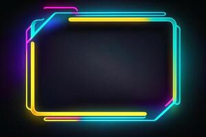 Colorful neon rectangle frame isolated on black background. Concept of glowing geometric shape at night time. . photo