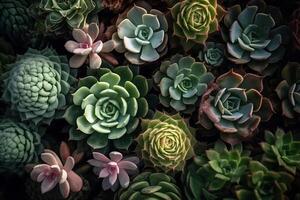 Wallpaper with succulent plants. Top view of many different succulents. photo