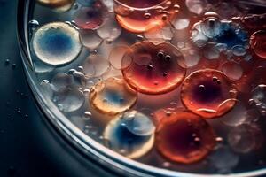 Bacteria and virus cells in a petri dish in a scientific laboratory. Mold cultures. Experimental for biochemistry, biotechnology, biological science laboratory. . photo