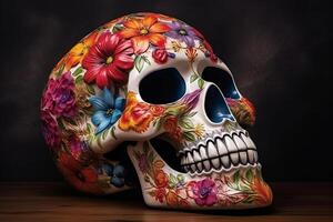 Dia de Los Muertos, Day of the dead, with sugar skull, colorful portrait of a skull and flowers, photo