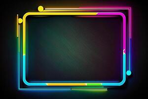 Colorful neon rectangle frame isolated on black background. Concept of glowing geometric shape at night time. . photo