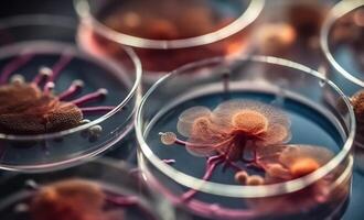 bacterias y virus células en un petri plato en un científico laboratorio. molde culturas experimental para bioquímica, biotecnología, biológico Ciencias laboratorio. ai generado. foto