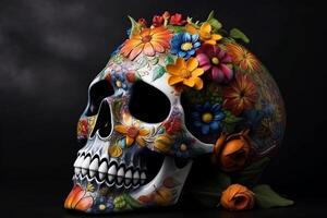 Dia de Los Muertos, Day of the dead, with sugar skull, colorful portrait of a skull and flowers, photo