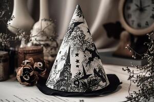 The Witch's Hat in vintage style. Halloween illustration. Monochrome drawing, magical decor. photo