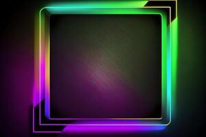 Colorful neon rectangle frame isolated on black background. Concept of glowing geometric shape at night time. . photo