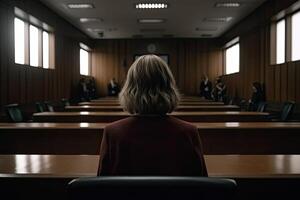 posterior ver de un mujer sentado en un vacío habitación a el internacional corte, un mujer posterior ver testificando en un sala de justicia, ai generado foto