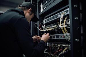 técnico reparando servidor en datos centro. tecnología y Internet concepto. un eso ingeniero cerca arriba Disparo de fijación servidor problema, ai generado foto