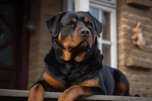 retrato de un Rottweiler en frente de el casa ai generado foto