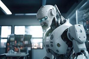 3d rendering humanoid robot working in modern office, future technology concept, photo