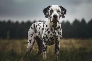 dálmata perro en pie en el campo y mirando a cámara ai generado foto