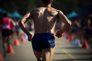 posterior ver de un masculino atleta corriendo a el terminar línea. un corredor corriendo en un competitivo carrera, ai generado foto