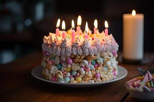 Birthday cake with candles and marshmallows on a wooden table, A delicious birthday cake on a wooden table with soft creamy frosting and sprinkles, photo