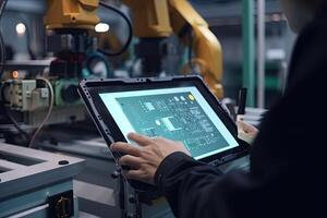 Smart industry robot arms and factory workers working with automated manufacturing technology. Automation manufacturing concept. An engineer hands close up working with computer tablet, photo