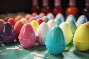 Easter eggs are painted in pastel colors. Happy easter. . photo