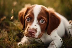 Adorable Nova Scotia Duck Tolling Retriever puppy lying in the grass photo