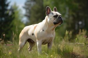 French bulldog standing on the meadow and looking at the camera photo