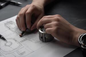 Architect working on blueprint at office desk, closeup. Construction concept, An Engineer technician hands close, photo