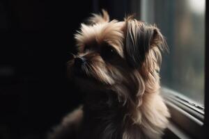 Cute little dog looking out the window at home. Dog portrait photo