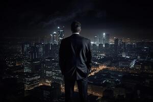 Rear view of businessman looking at night city with lights and buildings, A businessman full rearview wearing a tailored suit and looking out towards a city skyline. photo