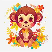 Playful monkey cub bundle illustration. Colorful monkey cub set, smiling and sitting on a white background. Cute baby monkey illustration with flowers. Monkey cub designs with cute eyes. photo