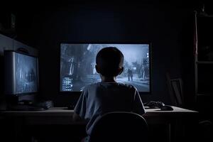 espalda ver de chico sentado a su escritorio y jugando computadora juegos en oscuro habitación, un jugador chico lleno posterior ver jugando en un computadora, ai generado foto