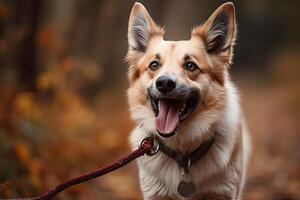 retrato de un contento galés corgi perro en otoño bosque ai generado foto