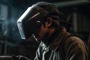 portrait of a welder in protective mask welding metal in a factory, A welder wearing a welding helmet and working in a workshop, photo