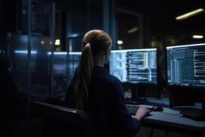 posterior ver de un joven hembra programador trabajando en computadora en oscuro oficina, un hembra programador codificación y trabajando en un computadora en su oficina, ai generado foto