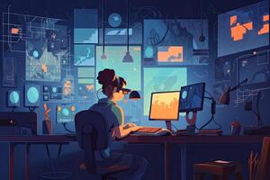 Programmer working on a computer in the office at night, illustration, nerdy boy is programming at a computer in a room, photo