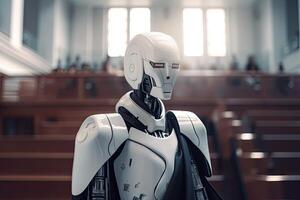 Robot in a church. 3D rendering. AI concept. A futuristic robot lawyer wearing a law coat inside the courthouse, photo