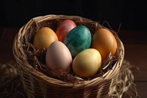 vistoso Pascua de Resurrección huevos en un cesta en un de madera antecedentes. ai generado foto