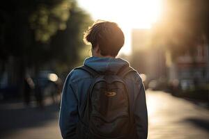 espalda ver de un joven hombre con mochila caminando en el calle a atardecer, un Adolescente estudiante que lleva un colegio mochila, ai generado foto