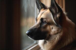 alemán pastor perro mirando fuera el ventana. selectivo atención en ojos. ai generado foto