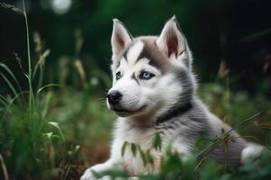 Siberian Husky puppy lying in the grass and looking at the camera, Cute Siberian husky puppy sitting in the green field, photo