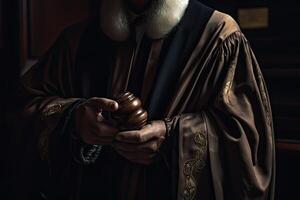 Close-up image of a judge holding a wooden gavel. closeup of a judge wearing a law robe, photo