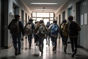 posterior ver de un grupo de estudiantes caminando en corredor a escuela, un grupo de alto colegio niños con colegio pantalones en su espaldas, caminando juntos abajo el pasillo, ai generado foto