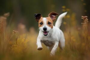 Jack Russell Terrier running in the autumn field. Pet animals. AI Generated photo