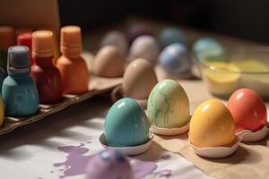 Pascua de Resurrección huevos son pintado en diferente colores en un de madera mesa. selectivo enfocar. ai generado. foto