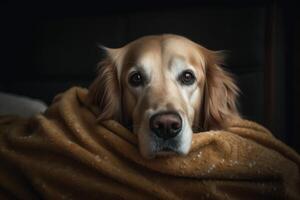 Portrait of a golden retriever dog wrapped in a warm blanket photo