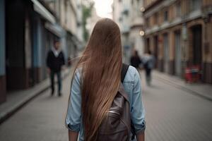 espalda ver de un joven mujer con largo pelo caminando mediante el ciudad, un Adolescente niña estudiante con largo fluido pelo y que lleva un mochila, ai generado foto