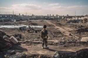 el chico en un militar uniforme soportes en el restos de el ciudad. un pequeño chico en pie en medio de el destrucción de un guerra Rasgado área, ai generado foto