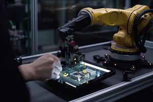 inteligente robot brazo sistema para digital fábrica producción. automatización fabricación robot. un ingeniero vista trasera y manos cerca arriba trabajando con computadora tableta, ai generado foto